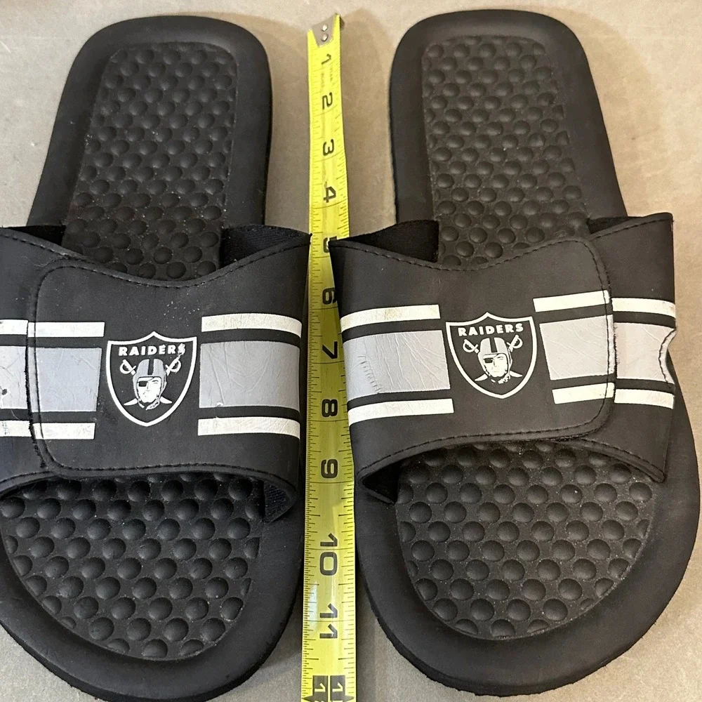NFL Raiders Slide Sandals Black Silver Adjustable Strap Mens Size Large